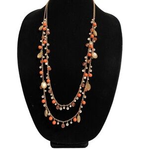 Orange Gold Beaded Double Strand Long Necklace
